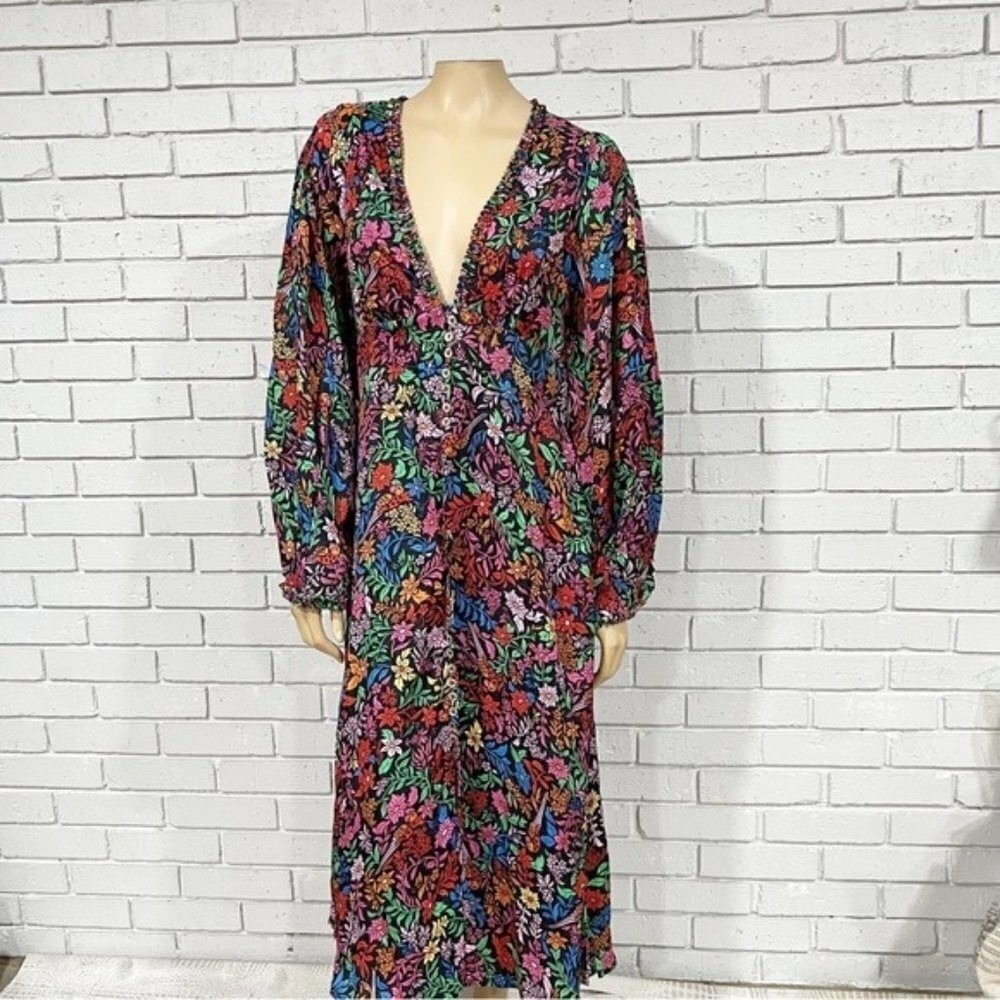 Farm Rio Black Mixed Prints Midi Dress V-Neck Balloon Sleeve Floral Bird Boho